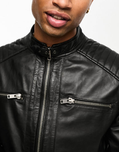 Real Leather Racing Jacket With Zip Pockets