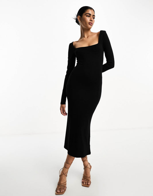 Square Neck Softline Long Sleeve Midi Dress