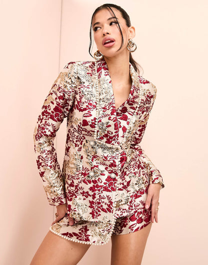 Jacquard Tailored Blazer With Pearl Embellishment