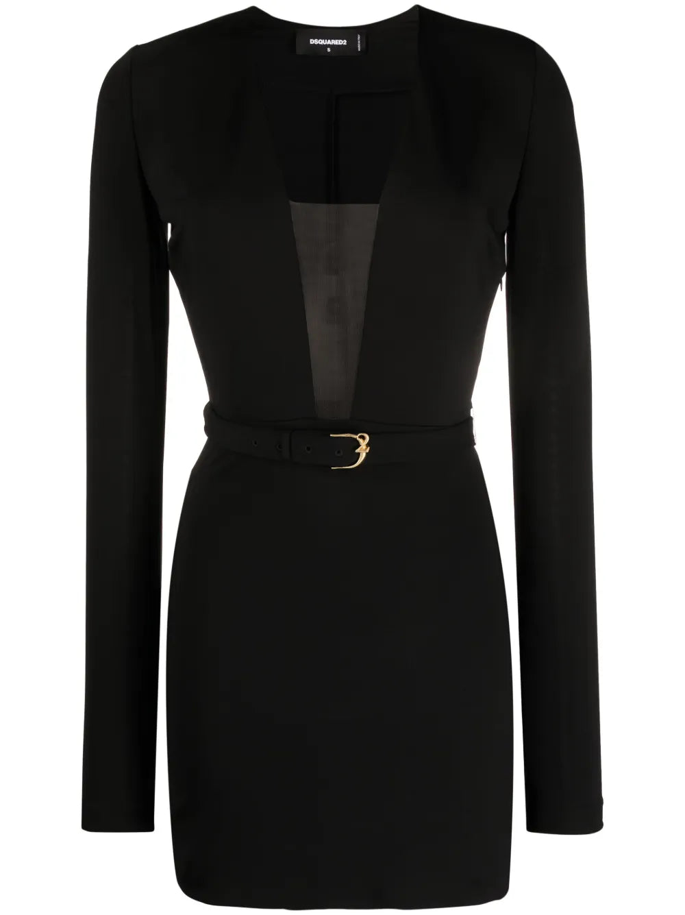 Plunging-Neckline Belted Minidress