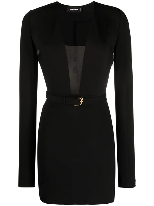 Plunging-Neckline Belted Minidress
