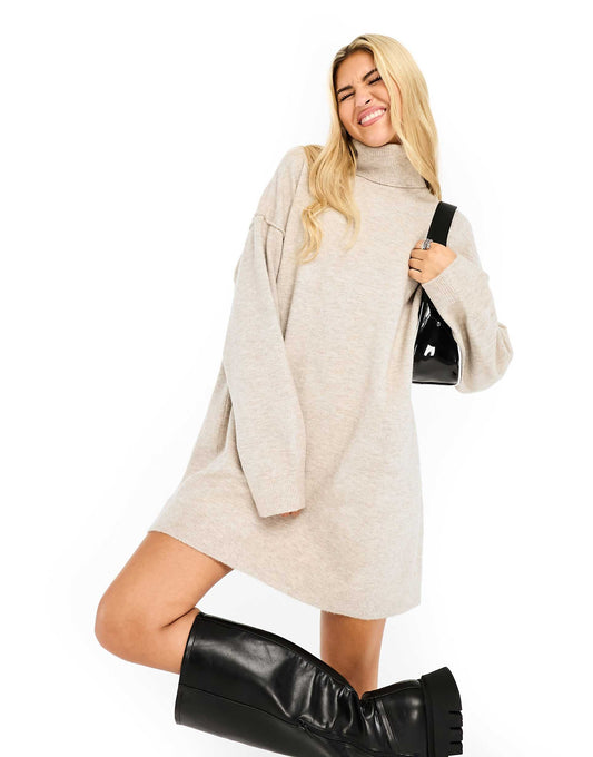 Annie Wool Blend Roll Neck Mini Knitted Jumper Dress