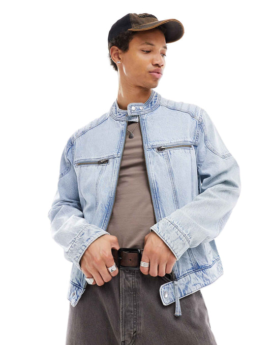 Denim Collarless Jacket With Panels