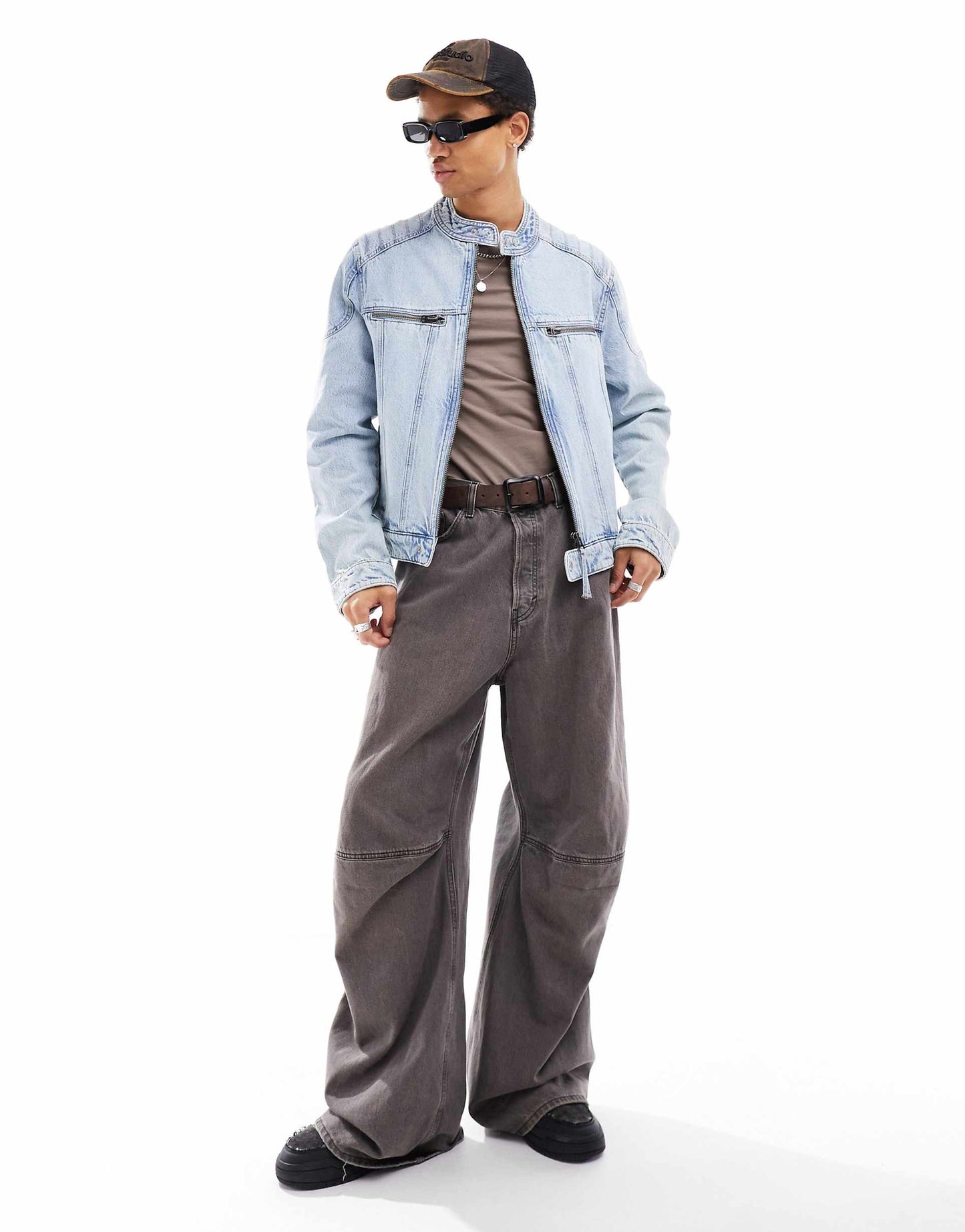Denim Collarless Jacket With Panels