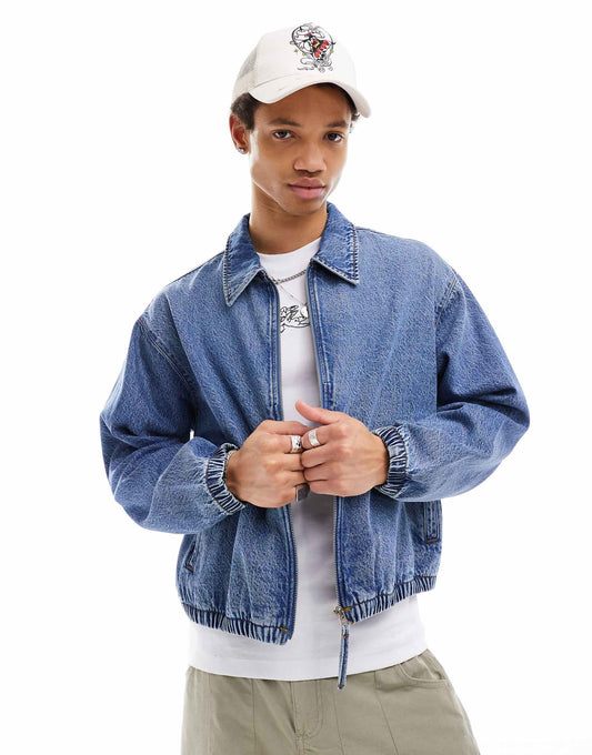 Cropped Denim Harrington Jacket