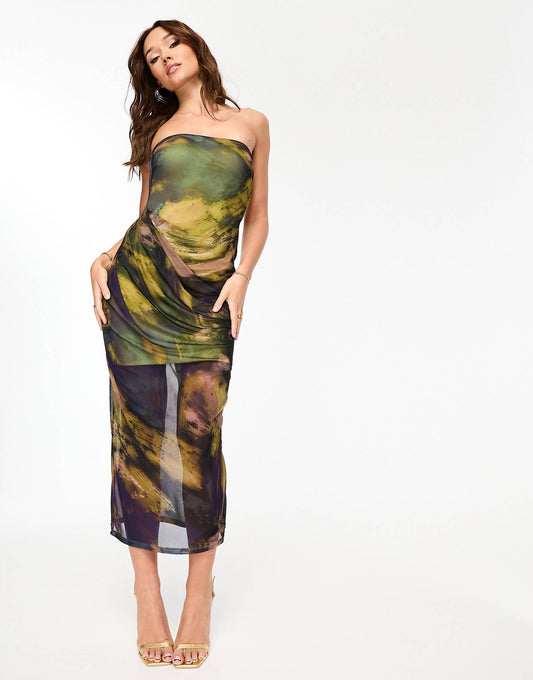 Bandeau Midi Dress With Drape Mesh Bodice