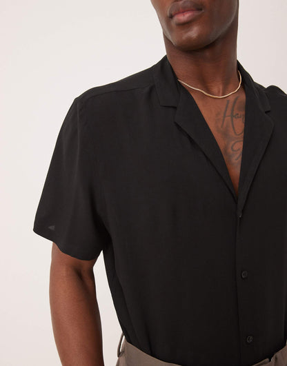 Fit Viscose Shirt With Deep Revere Collar