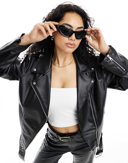 Longline Oversized Faux Leather Biker Jacket