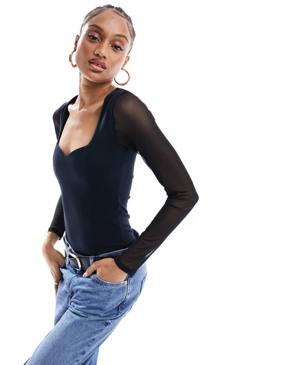 Tall Sweetheart Neckline Bodysuit With Mesh Sleeve