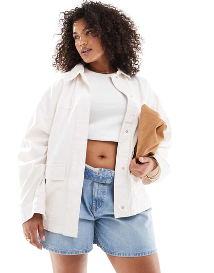 Curve Cotton Twill Shacket With Pocket