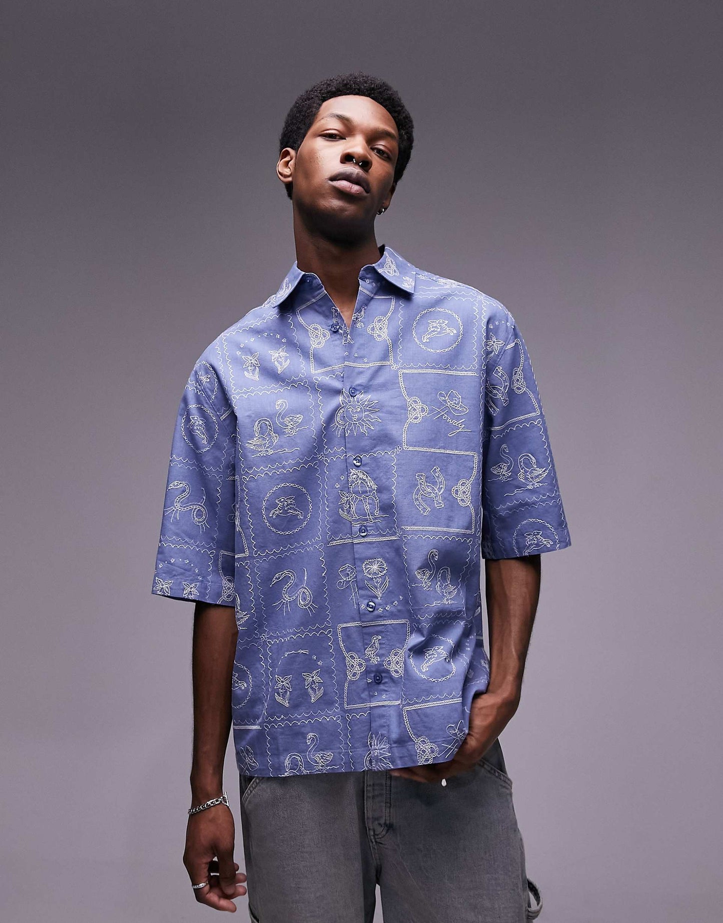 Short Sleeve All Over Embroidered Relaxed Western Shirt