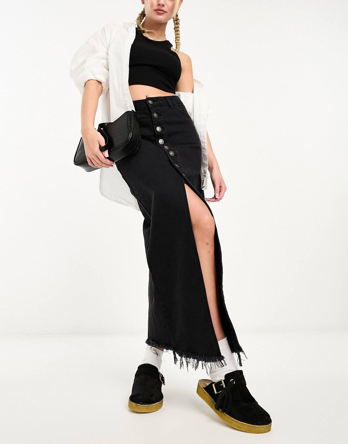 Button Through Denim Midi Skirt