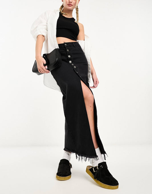 Button Through Denim Midi Skirt