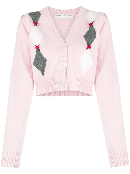 Intarsia-Knit Floral-Detail Cardigan