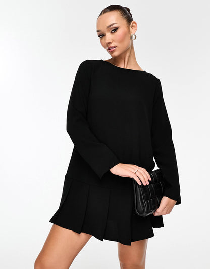 Long Sleeve Dropped Waist Box Pleat Mini Dress