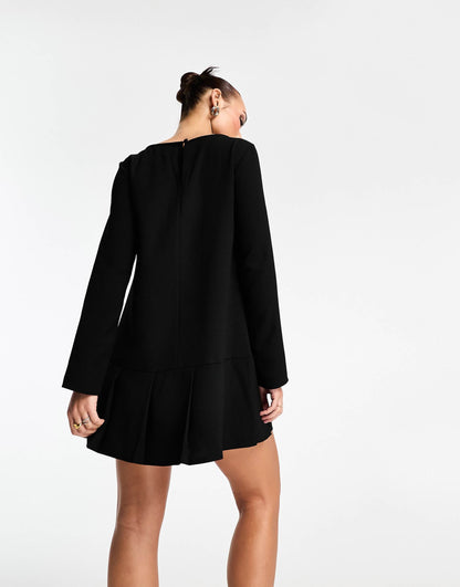 Long Sleeve Dropped Waist Box Pleat Mini Dress