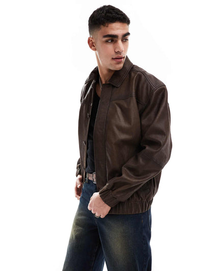 Oversized Real Leather Harrington Jacket