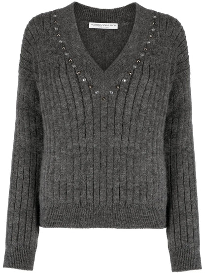 Stud-Embellished Ribbed-Knit Jumper