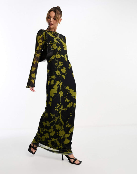 Low Back Floral Mesh Maxi Dress With Angel Sleeves