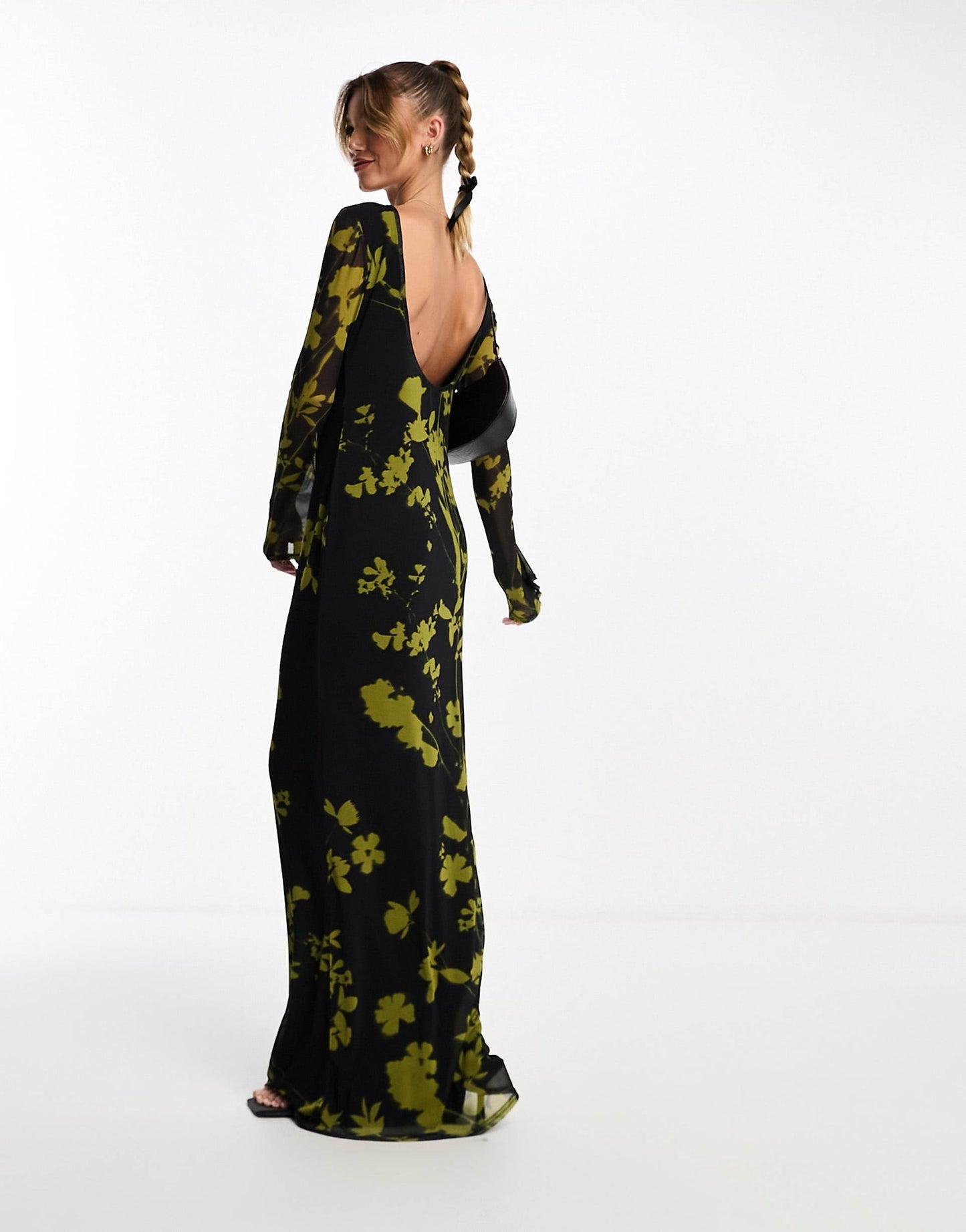 Low Back Floral Mesh Maxi Dress With Angel Sleeves