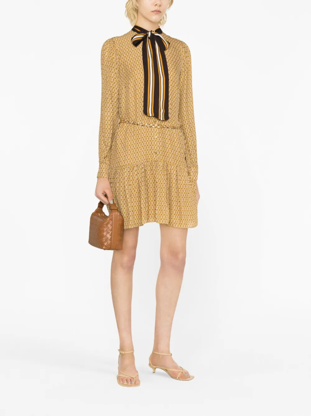 Lattice-Pattern Belted Midi Dress