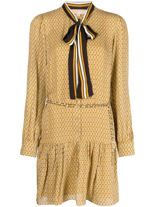 Lattice-Pattern Belted Midi Dress