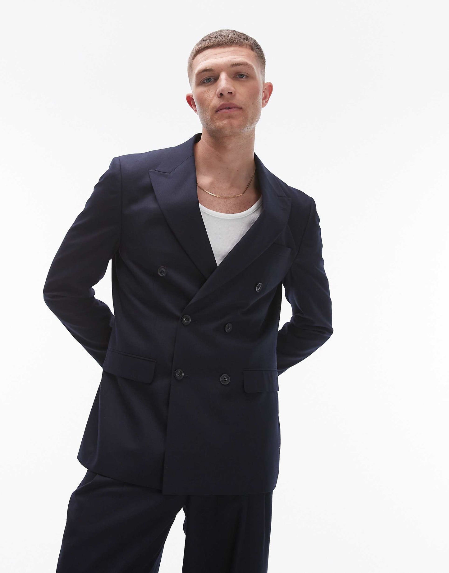 Double Breasted Linen Blend Mix Slim Suit Jacket