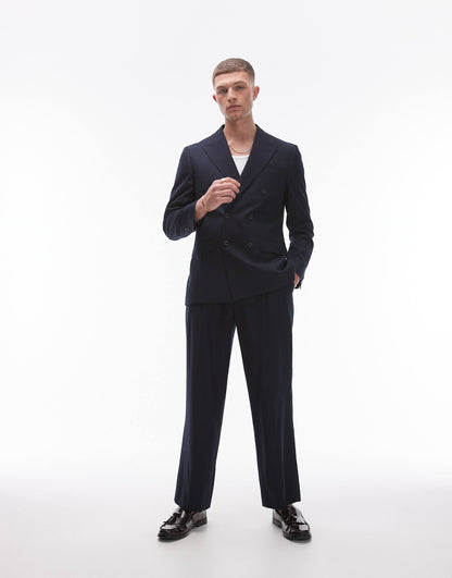 Double Breasted Linen Blend Mix Slim Suit Jacket