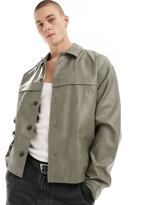 Oversized Faux Leather Harrington Jacket