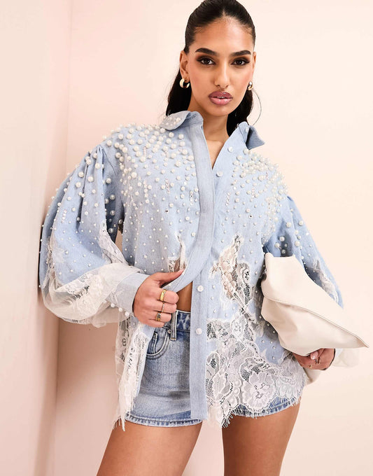 Pearl Embellished Denim Shirt With Lace Details