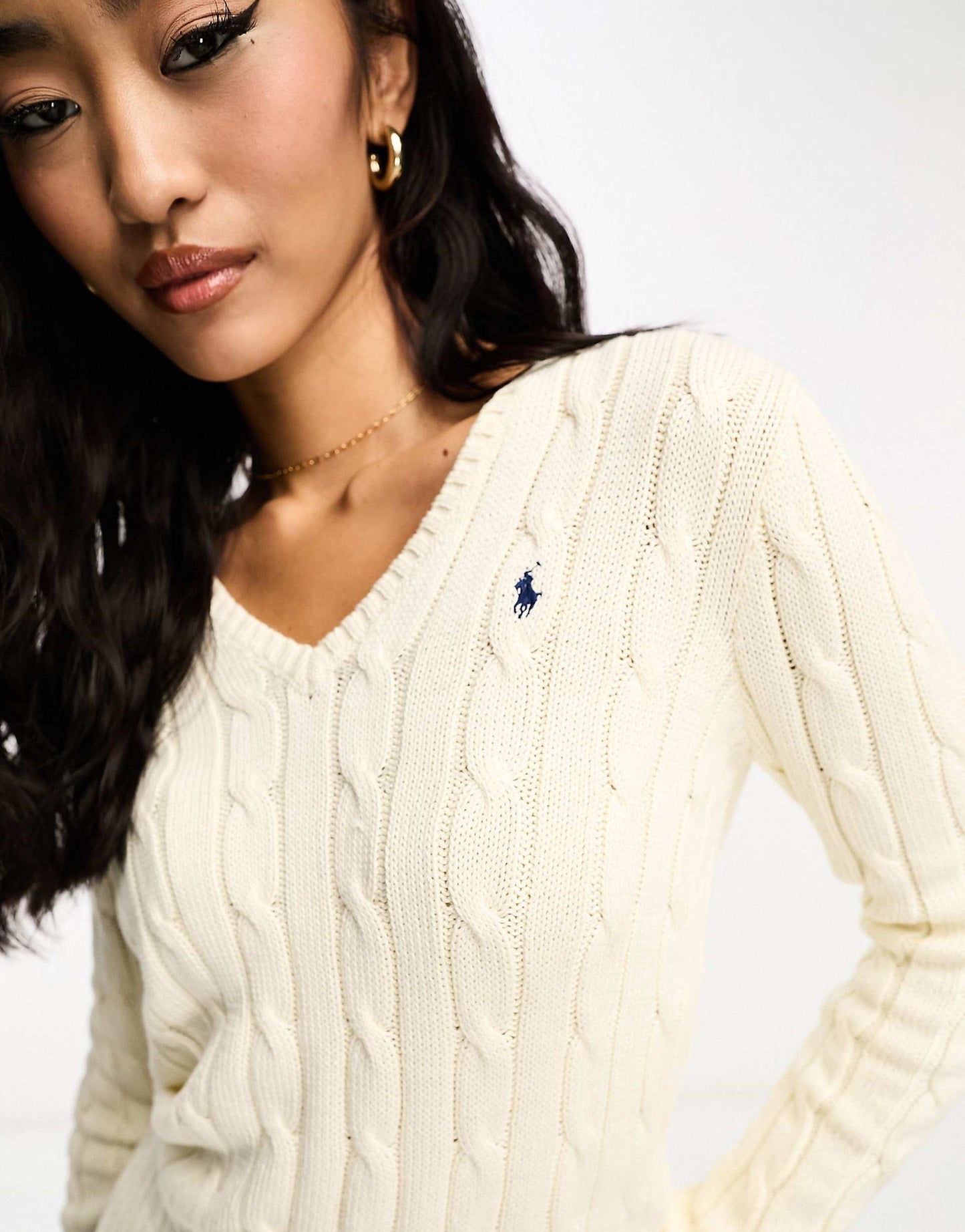 Kimberly Icon Logo Pima Cotton Cable Knit V-Neck Jumper