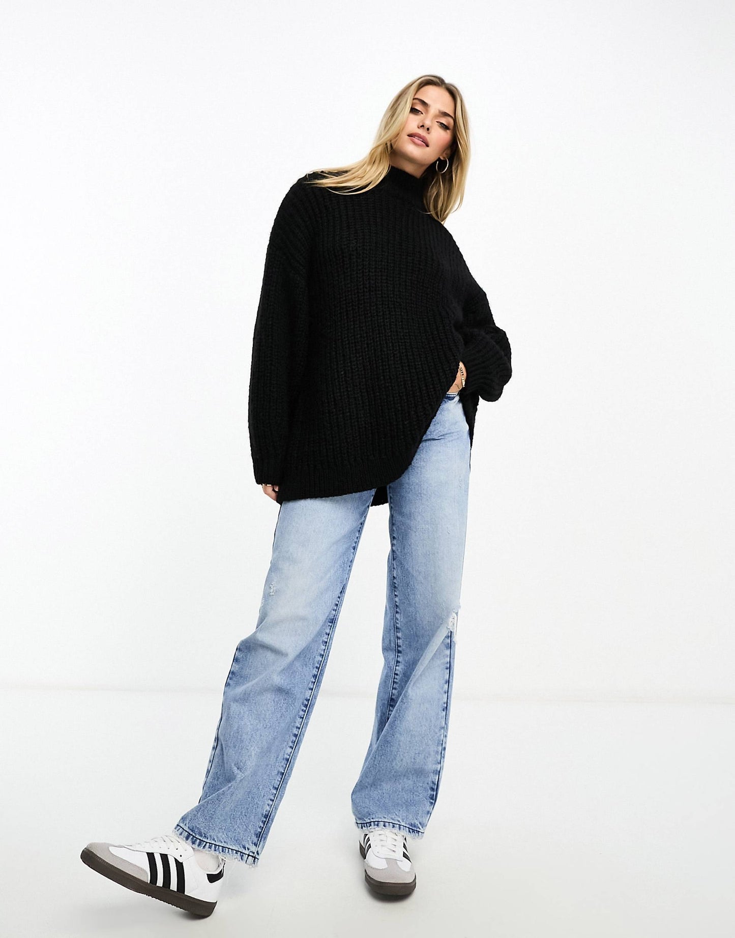 High Neck Chunky Rib Knitted Jumper With Volume Sleeve