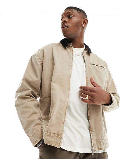 Oversized Washed Harrington Jacket With Cord Collar