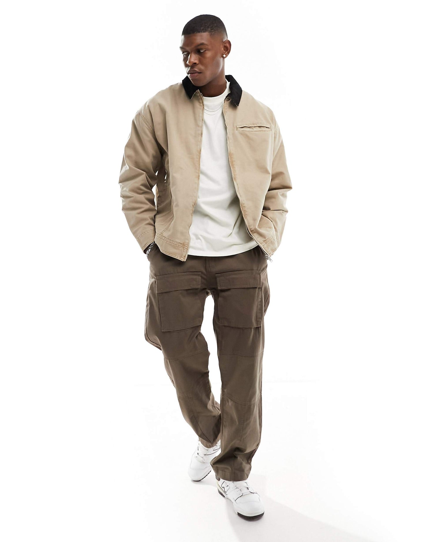 Oversized Washed Harrington Jacket With Cord Collar
