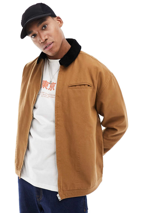Oversized Washed Harrington Jacket With Cord Collar
