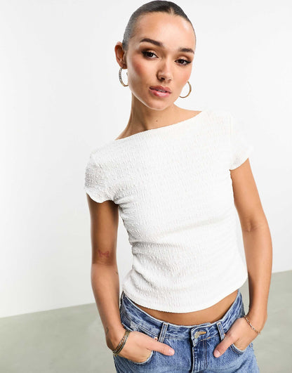 Textured Slash Neck Open Back Top