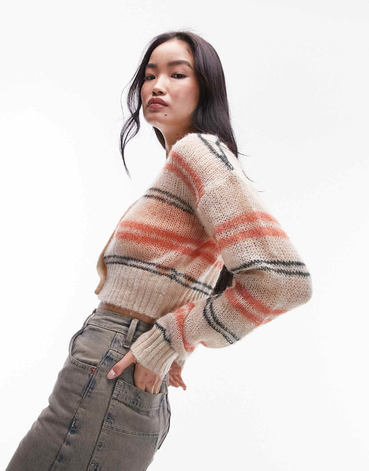 Knitted Stripe Sheer Knit Cardigan