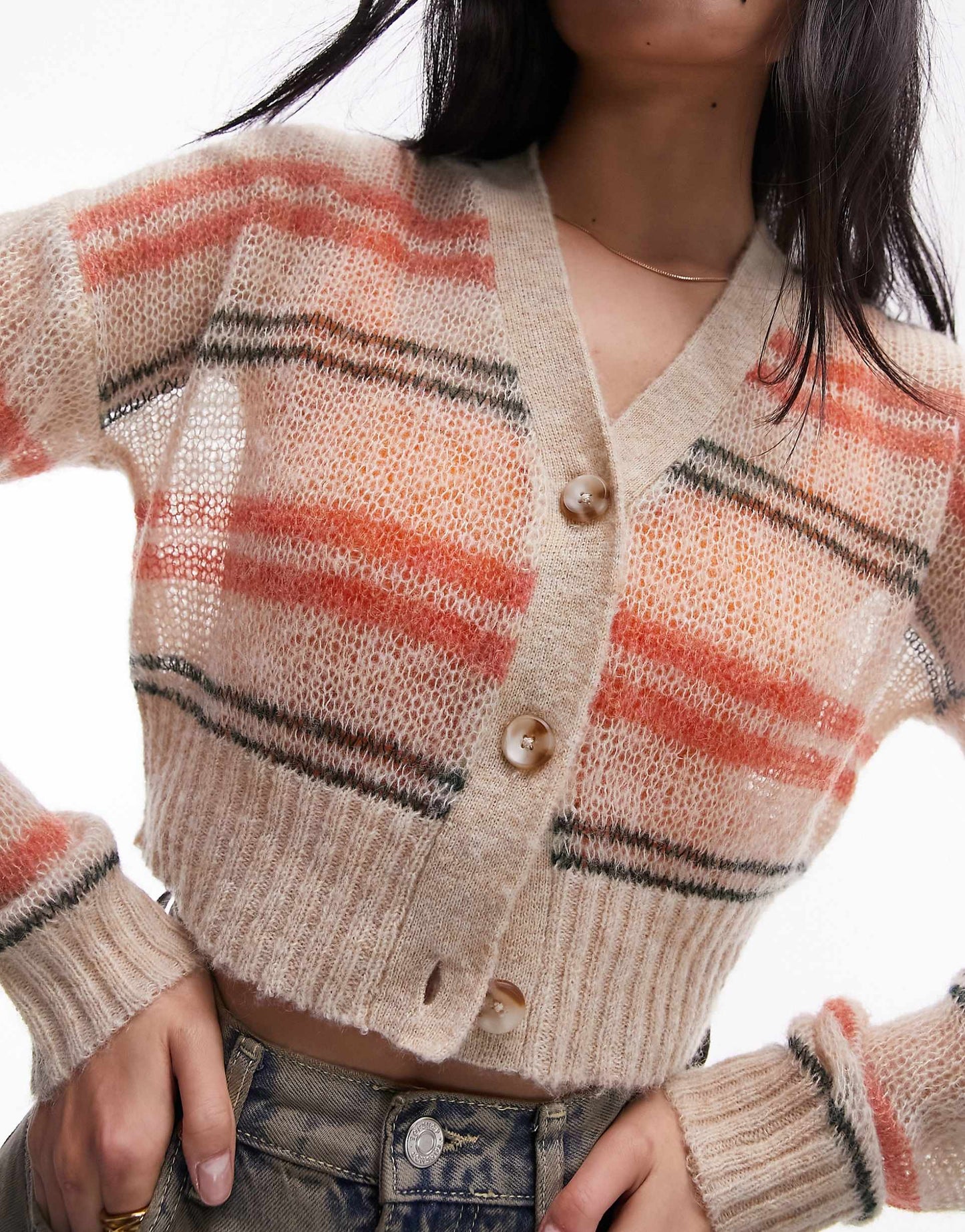 Knitted Stripe Sheer Knit Cardigan