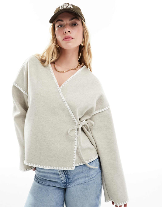 Wrap Front Cardigan With Contrast Stitch