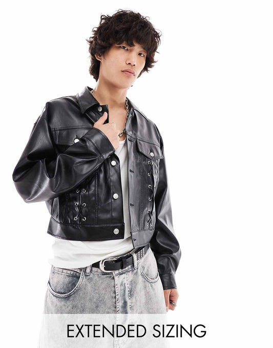 Oversized Cropped Leather Look Jacket With Lace Up Details