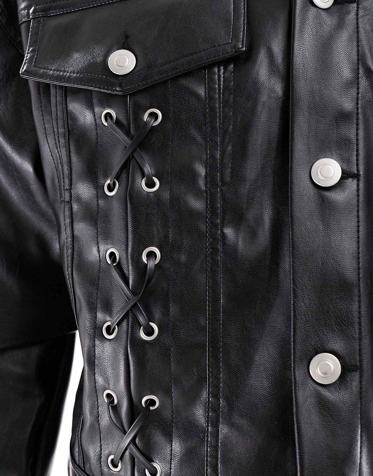 Oversized Cropped Leather Look Jacket With Lace Up Details