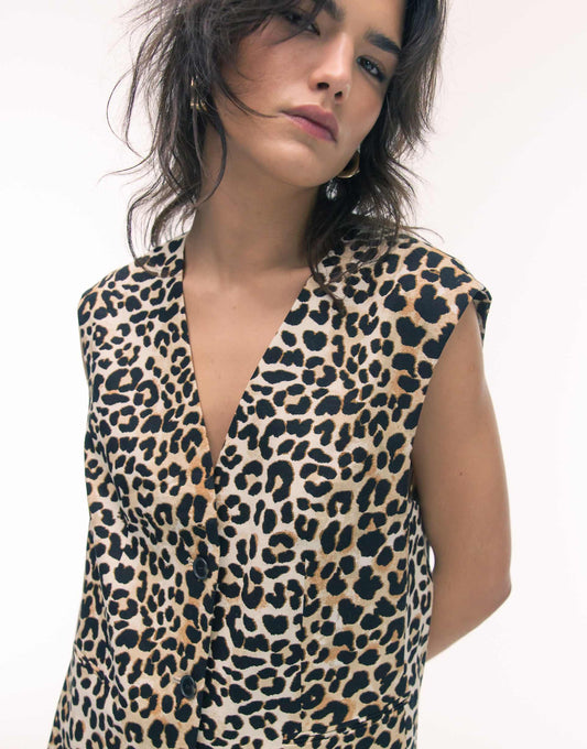 Leopard Print Linen Waistcoat