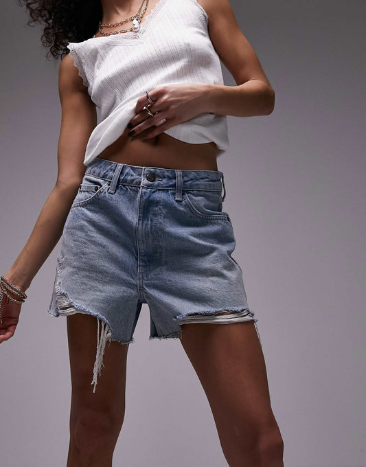 Denim A-Line Mom Shorts With Rip