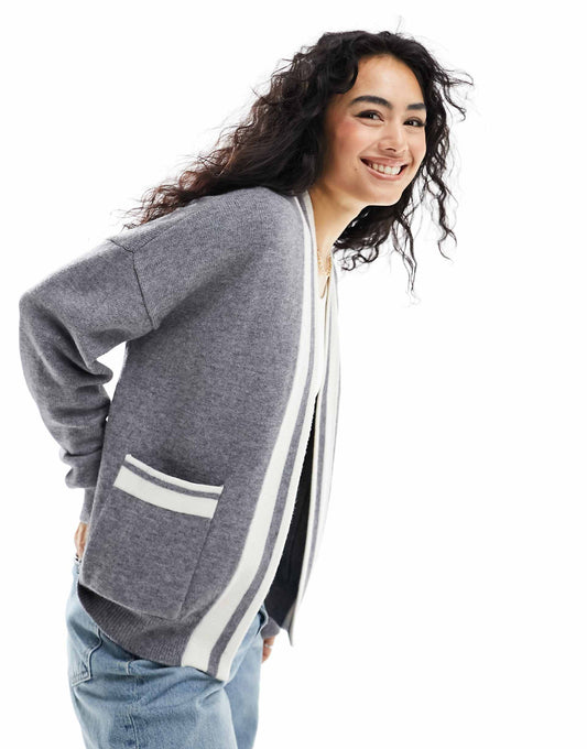 Edge To Edge Cardigan With Tipping