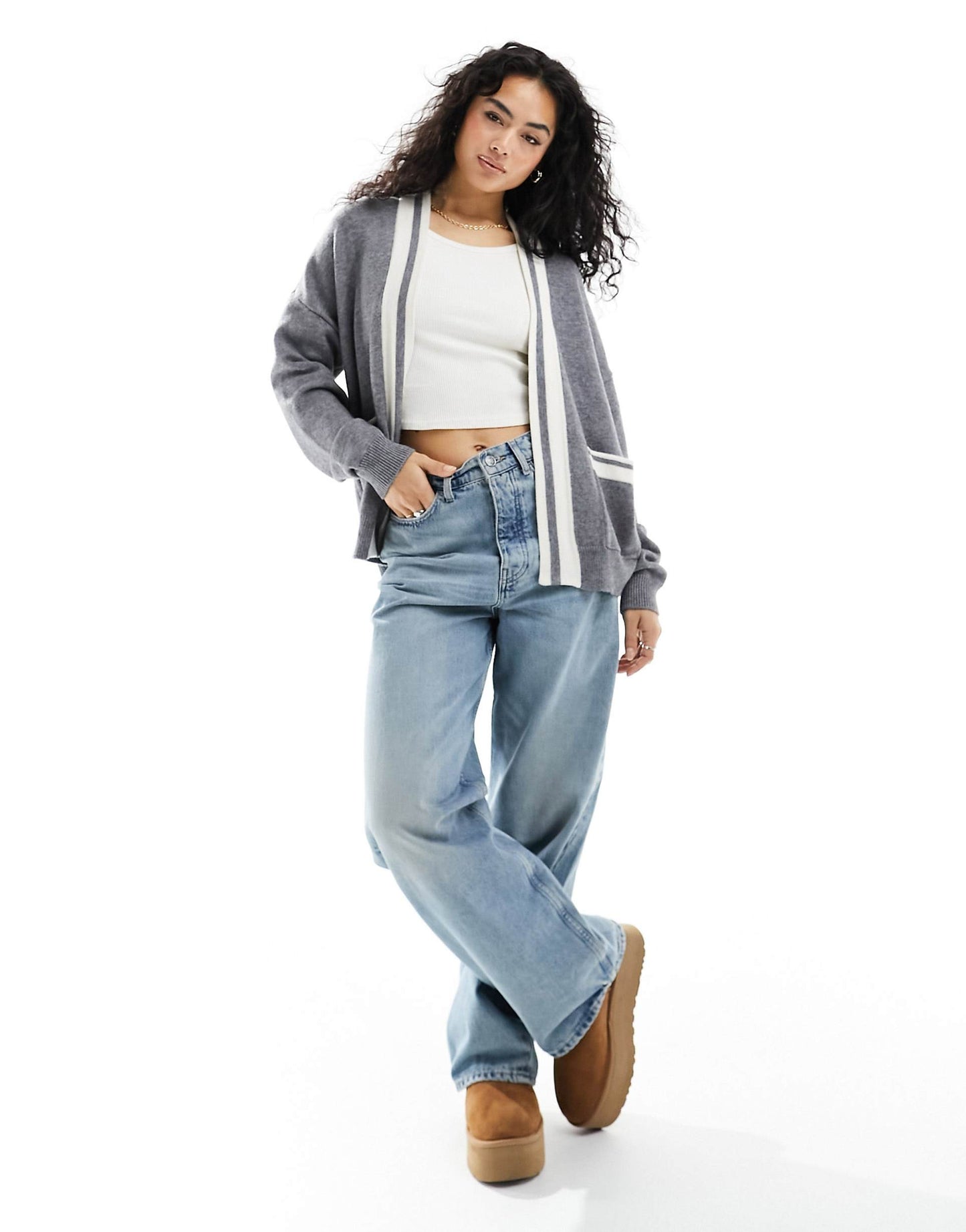 Edge To Edge Cardigan With Tipping