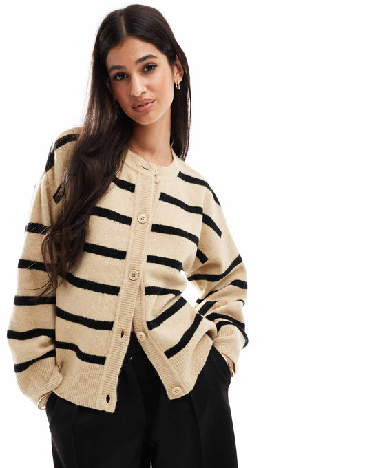 Boxy Knitted Button Front Crew Neck Cardigan
