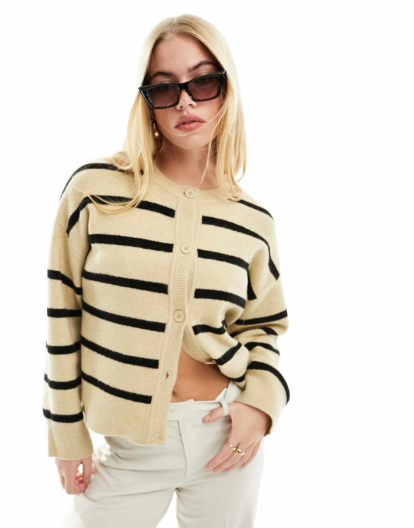 Boxy Knitted Button Front Crew Neck Cardigan