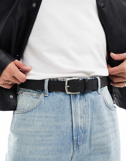 Leather Belt With Burnished Silver Buckle