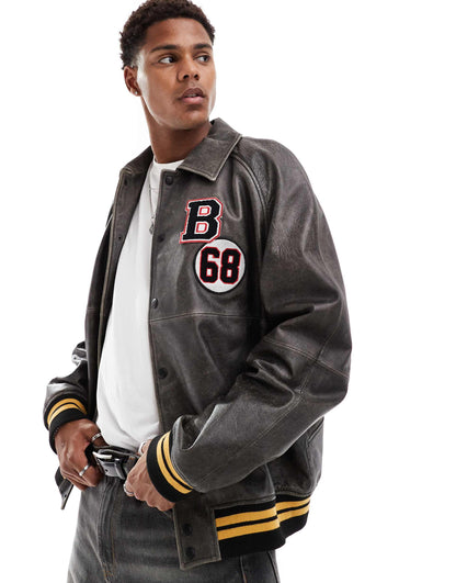Real Leather Bomber Jacket With Varsity Badging