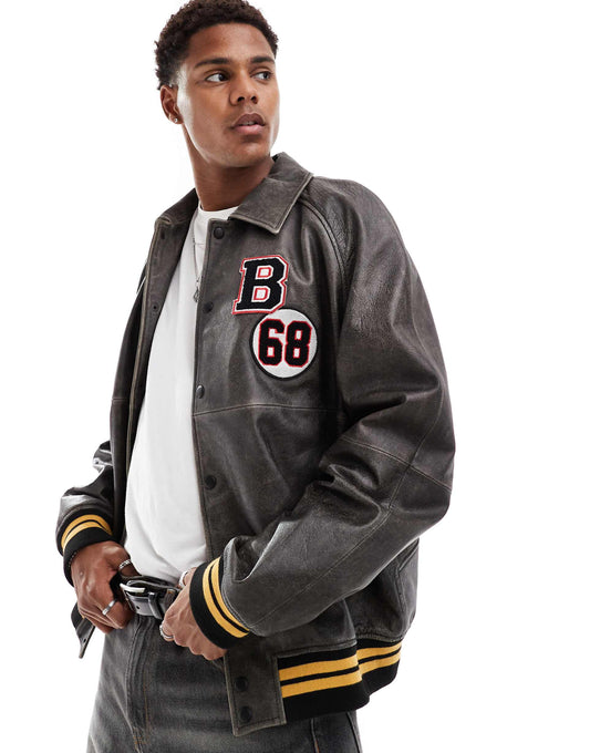 Real Leather Bomber Jacket With Varsity Badging